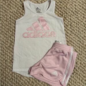 Adidas White and Pink Logo Tank and Shorts
